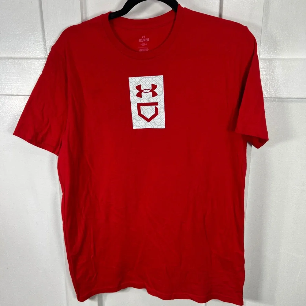Under Armour Red Baseball Logo T Shirt Mens Medium M Loose Fit Cotton Polyester - Picture 1 of 8